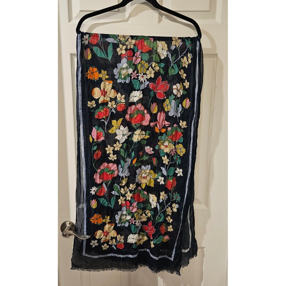 Kate Spade Floral Scarf Oblong Wrap Black Sheer Lightweight Colorful - Picture 2 of 6